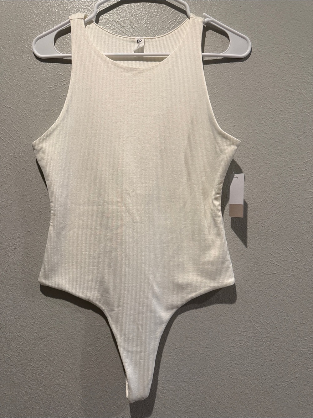 bp white Ribbed Tank One-Piece Bodysuit with snap clossure